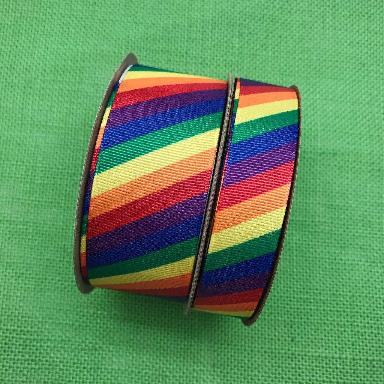 Rainbow Stripe Ribbon in primary colors on 7/8" white grosgrain