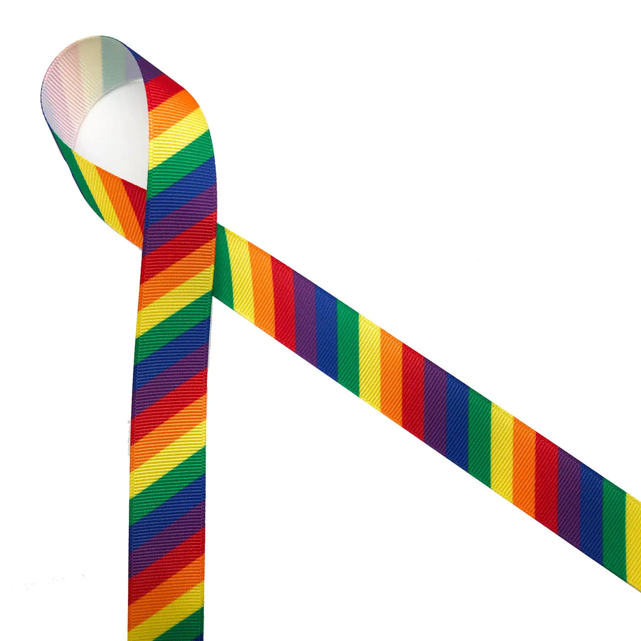 Rainbow Stripe Ribbon in primary colors on 7/8" white grosgrain