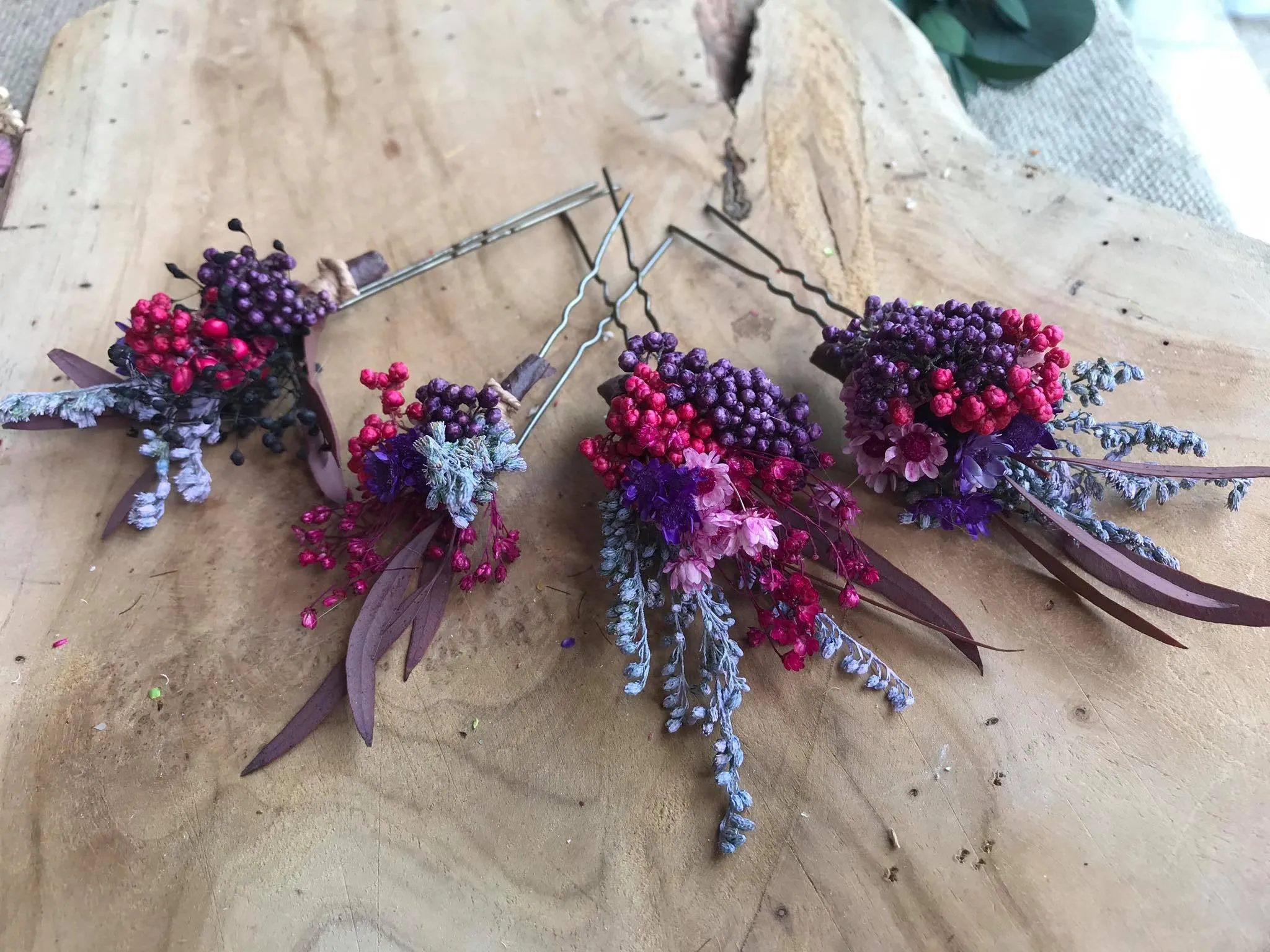 Red and purple flower hair pins