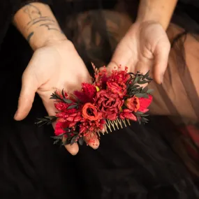 Red bridal flower hair comb