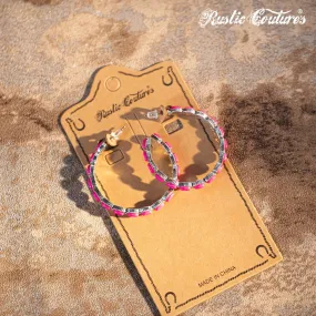 Rustic Couture's Large Silver Base Hot Pink Nature Stone Bead Hoop Earrings